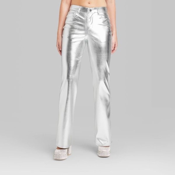 Women's High-Rise Metallic Flare Pants Metallic Silver Size 10 - Picture 2 of 3
